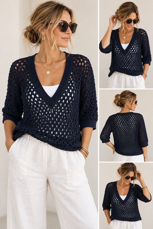 Ann Taylor Sweaters - Ann Taylor Women M Navy Crochet Open Knit 100% Cotton V Neck Sweater Coastal Top
